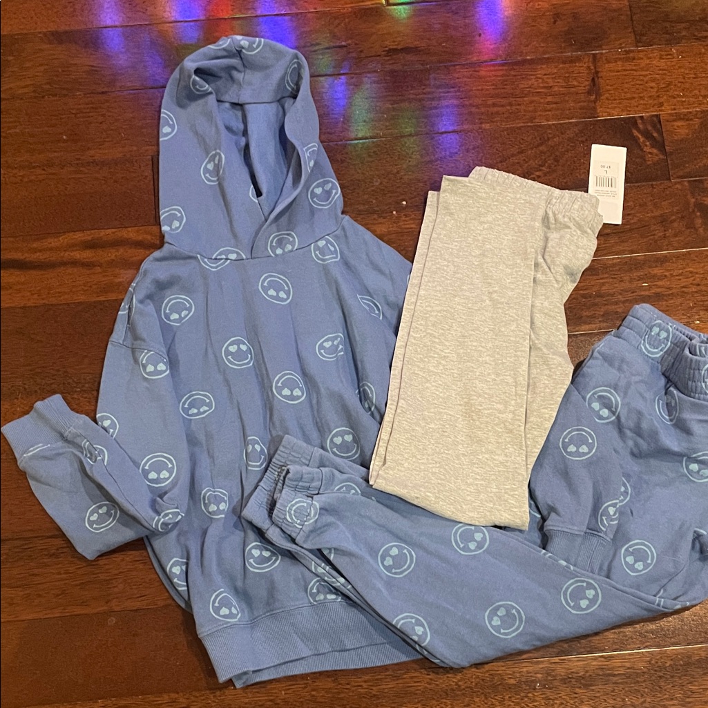 Blue Smiley Face Hoodie And Jogger Set With Gray Leggings